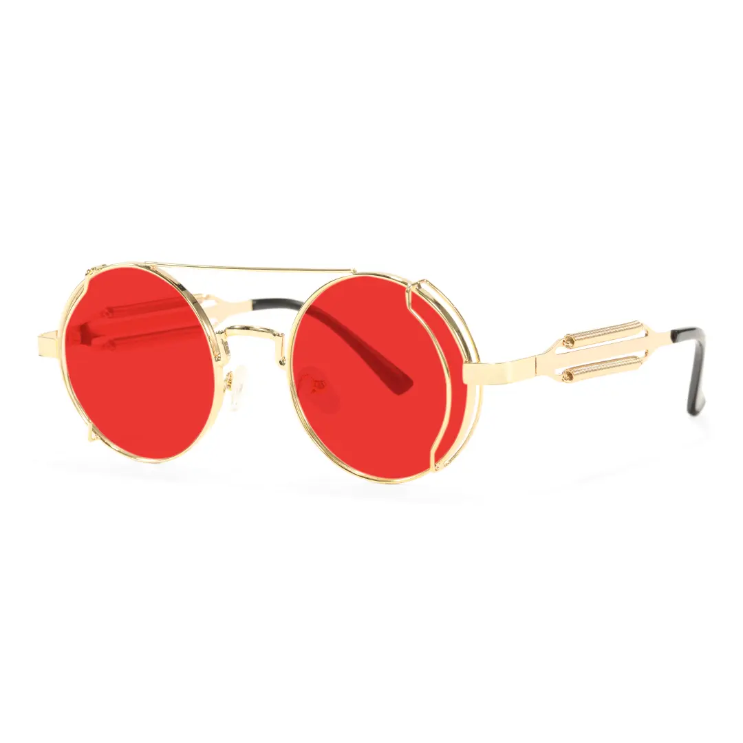 Angle view of Binfing steampunk round metal sunglasses RM0102303 in red