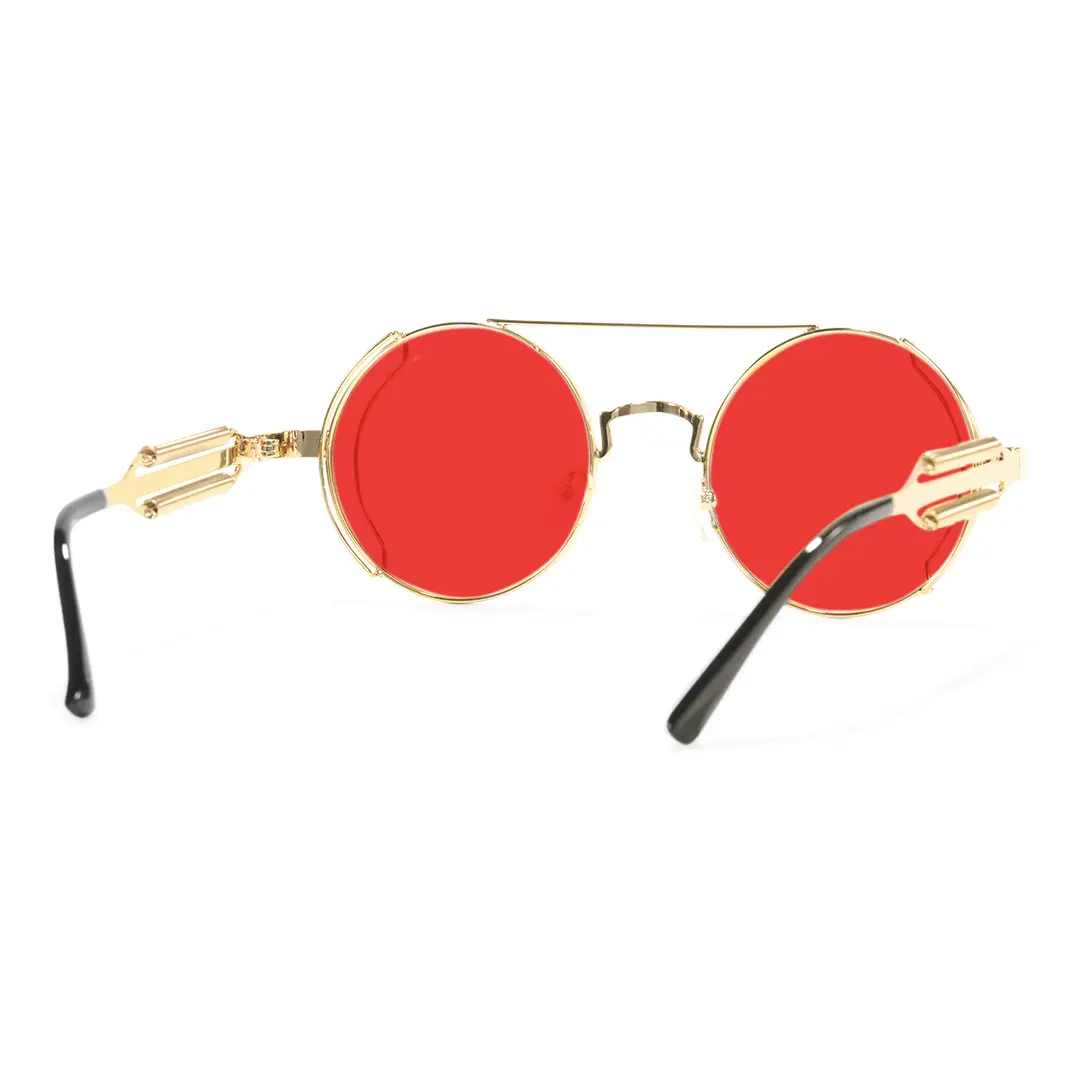 Back view of Binfing steampunk round metal sunglasses RM0102303 in red