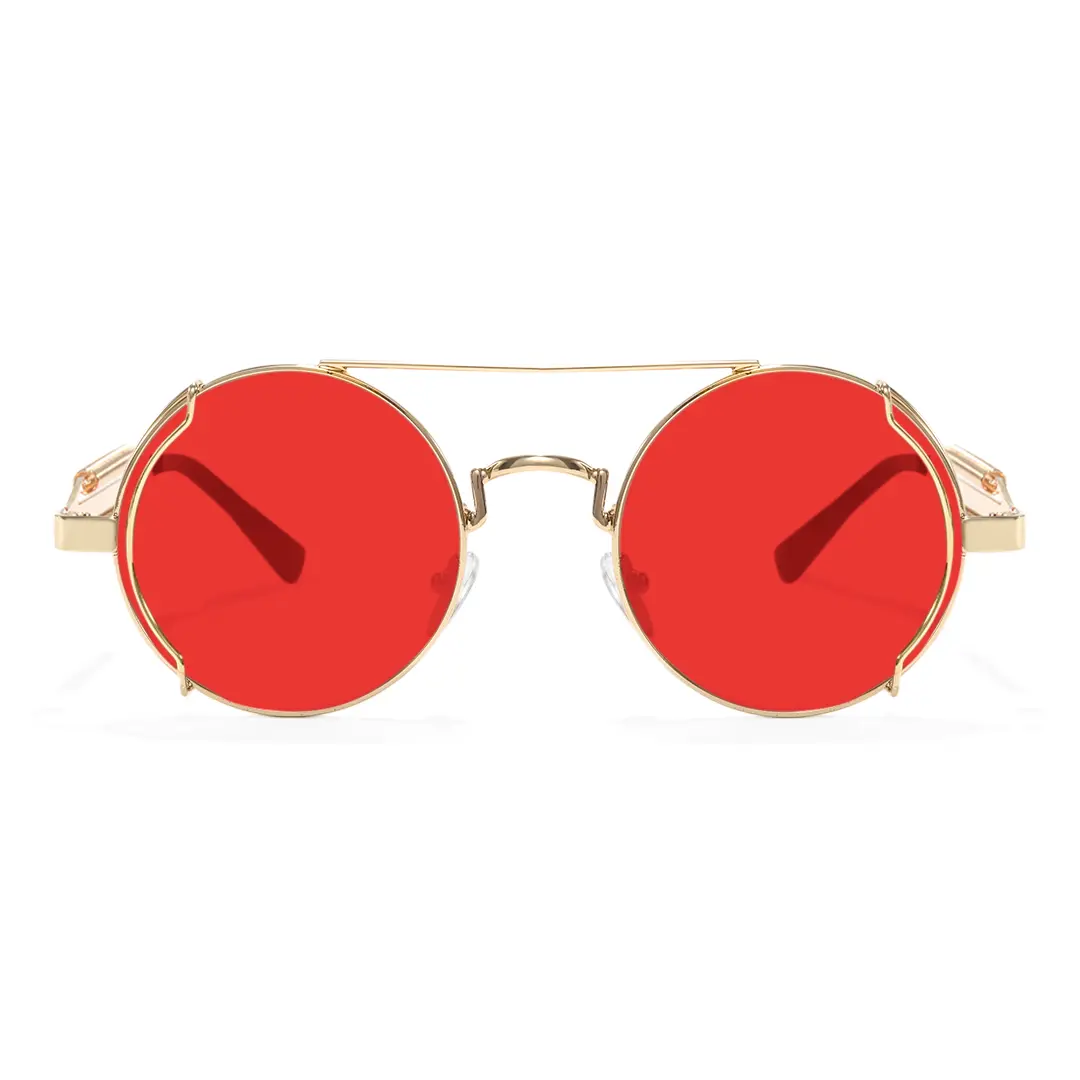 Front view of Binfing steampunk round metal sunglasses RM0102303 in red