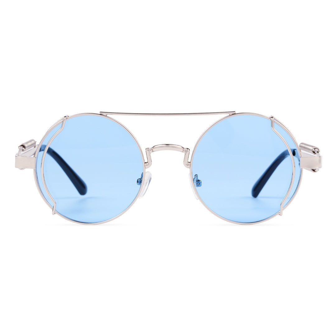 Front view of Binfing round metal sunglasses RM0102303 in silver blue