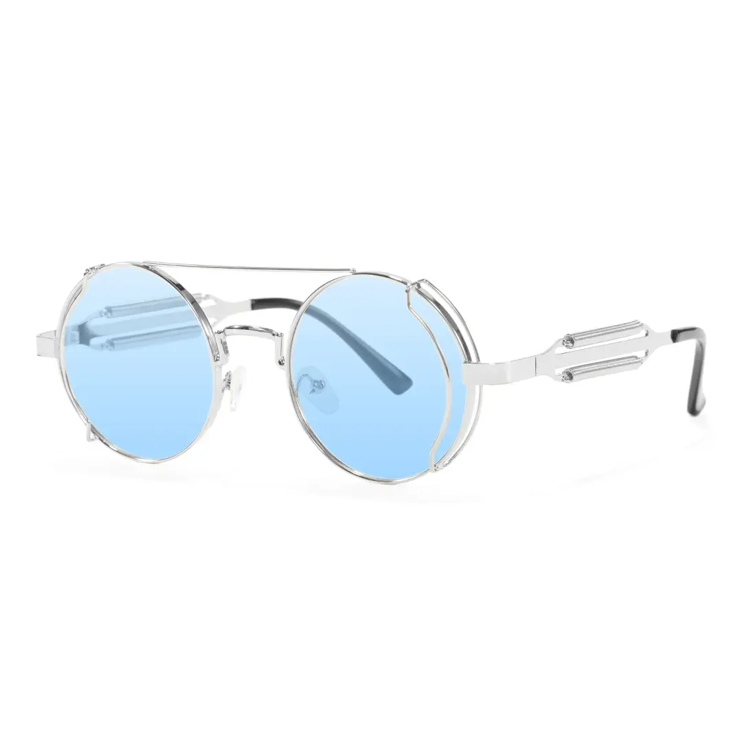 Angle view of Binfing steampunk round metal sunglasses RM0102303 in silver blue