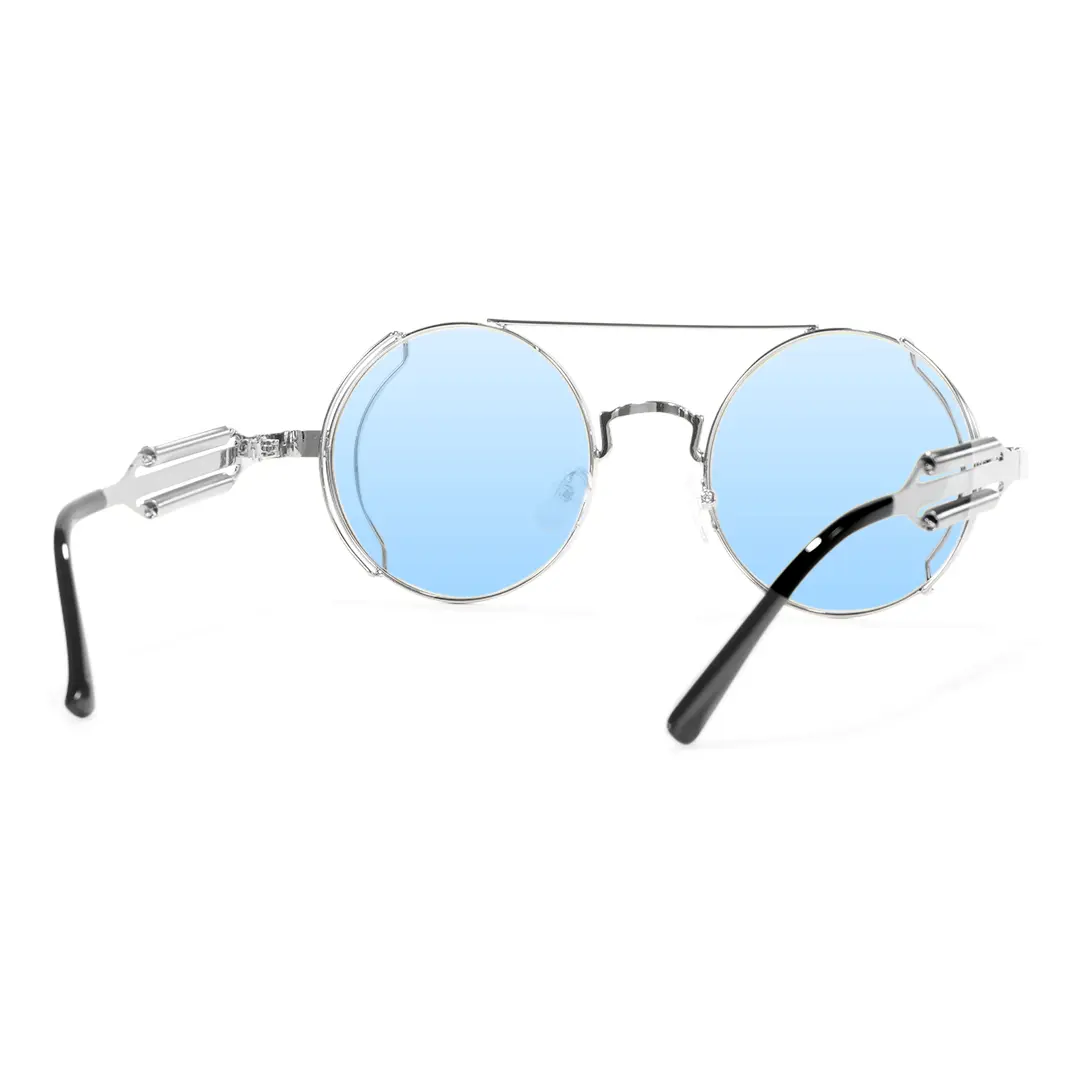 Back view of Binfing steampunk round metal sunglasses RM0102303 in silver blue