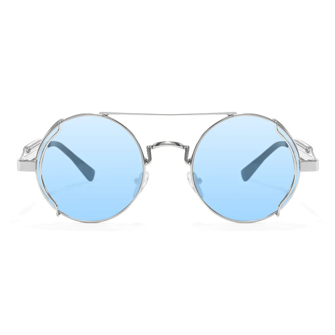 Front view of Binfing steampunk round metal sunglasses RM0102303 in silver blue