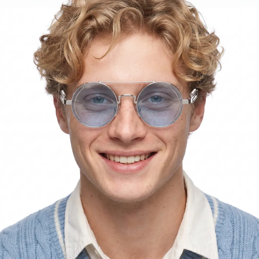 Front view of male wearing steampunk silver blue round sunglasses, smiling, RM0102303