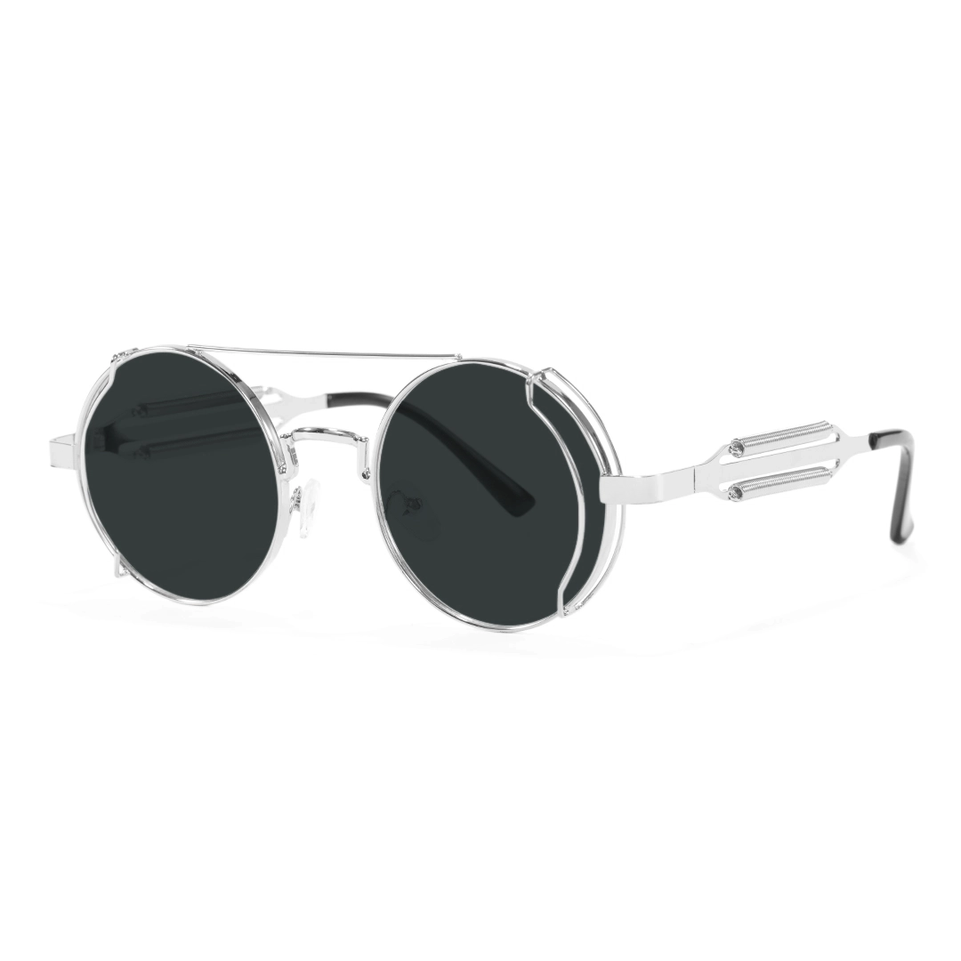 Angle view of Binfing steampunk round metal sunglasses RM0102303 in silver