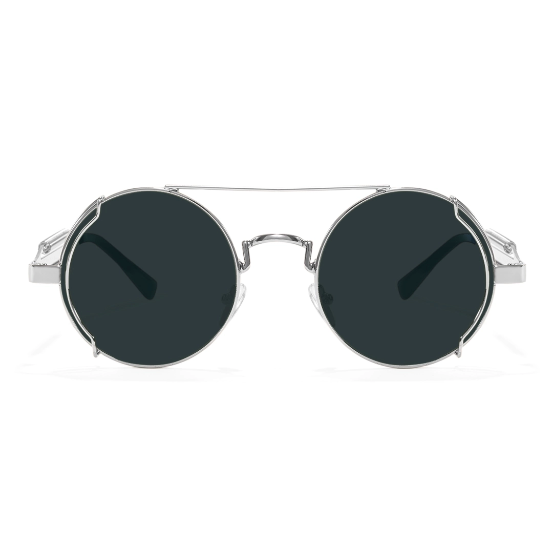 Front view of Binfing steampunk round metal sunglasses RM0102303 in silver