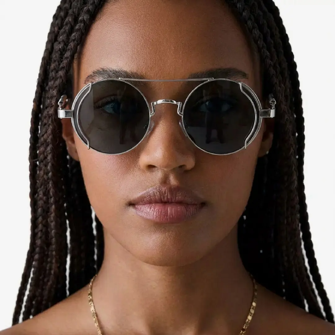 Front view of female wearing steampunk silver round sunglasses, neutral expression, RM0102303