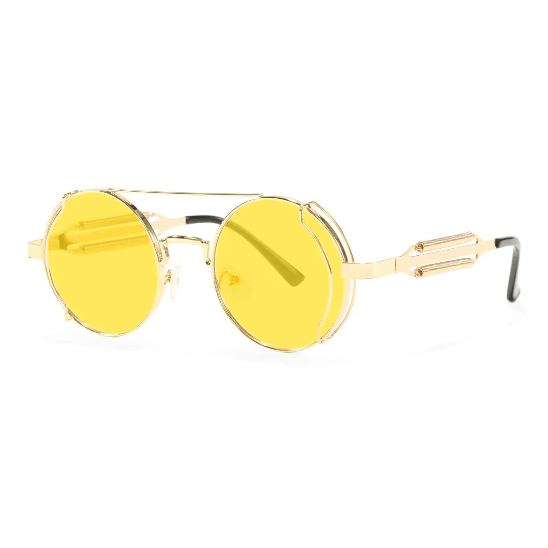 Angle view of Binfing steampunk round metal sunglasses RM0102303 in yellow