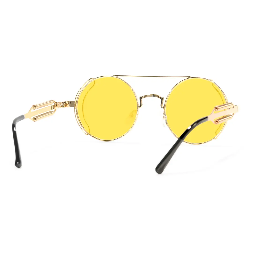 Back view of Binfing steampunk round metal sunglasses RM0102303 in yellow
