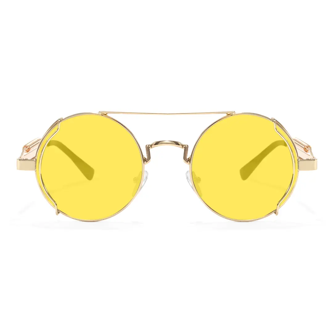 Front view of Binfing steampunk round metal sunglasses RM0102303 in yellow