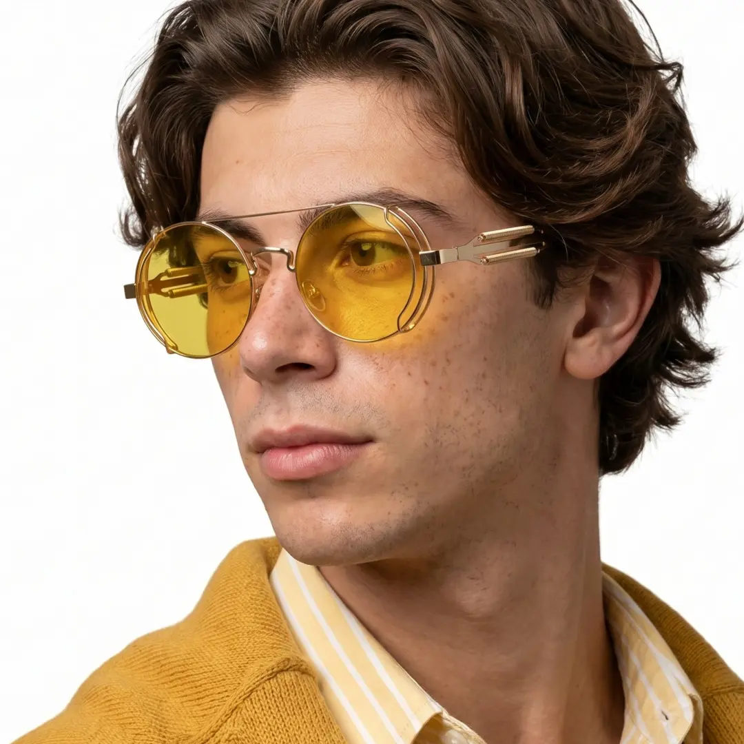 Looking away view of male wearing steampunk yellow round sunglasses, natural expression, RM0102303