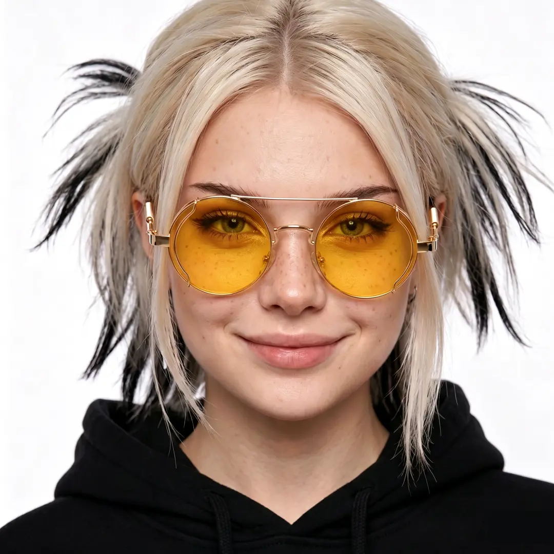 Front view of female wearing steampunk yellow round sunglasses, smiling, RM0102303