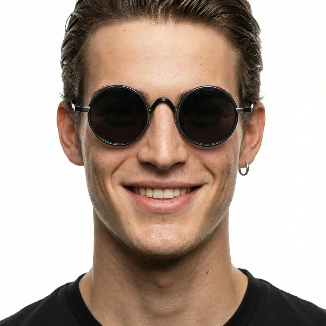 Front view of male wearing john lennon black round sunglasses, smiling, RM0162506