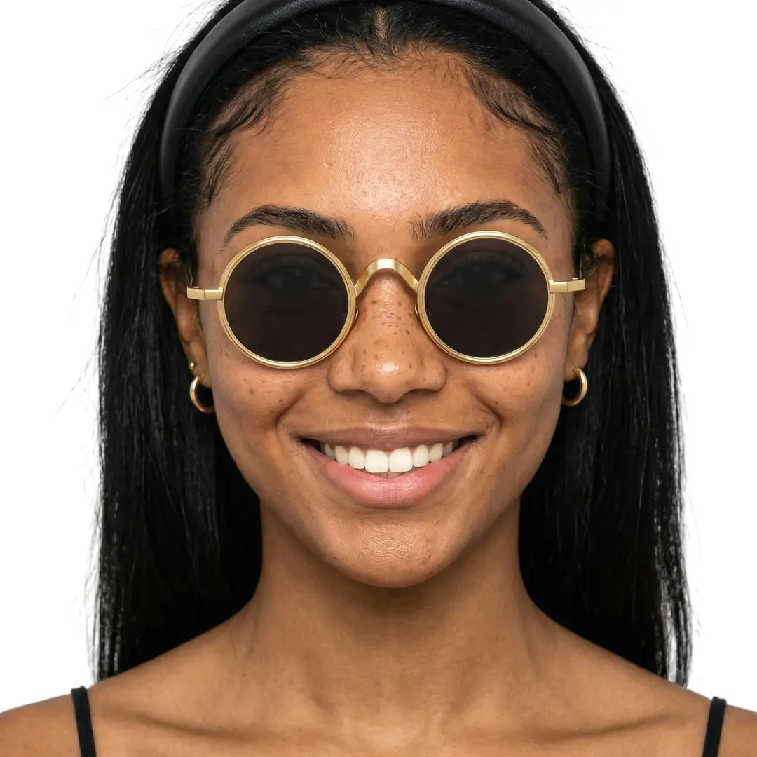 Front view of female wearing john lennon gold round sunglasses, friendly smile, RM0162506