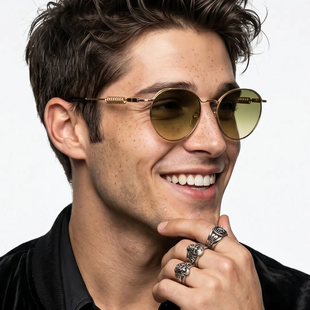 Profile view of male wearing steampunk brown round sunglasses, resting chin on hand, natural smile, RM0262603