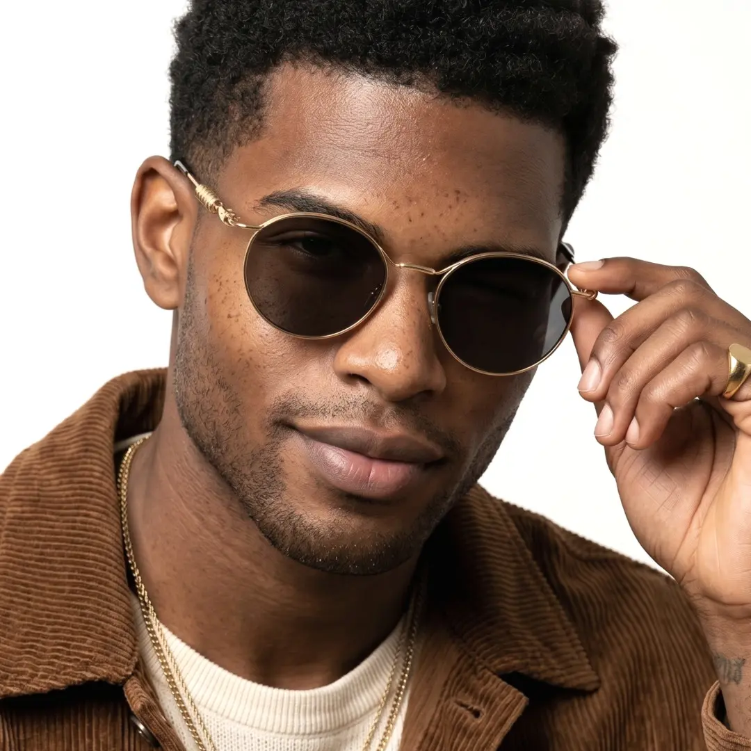 Three-quarter view of male wearing steampunk gray round sunglasses, touching frame, natural smile, RM0262603
