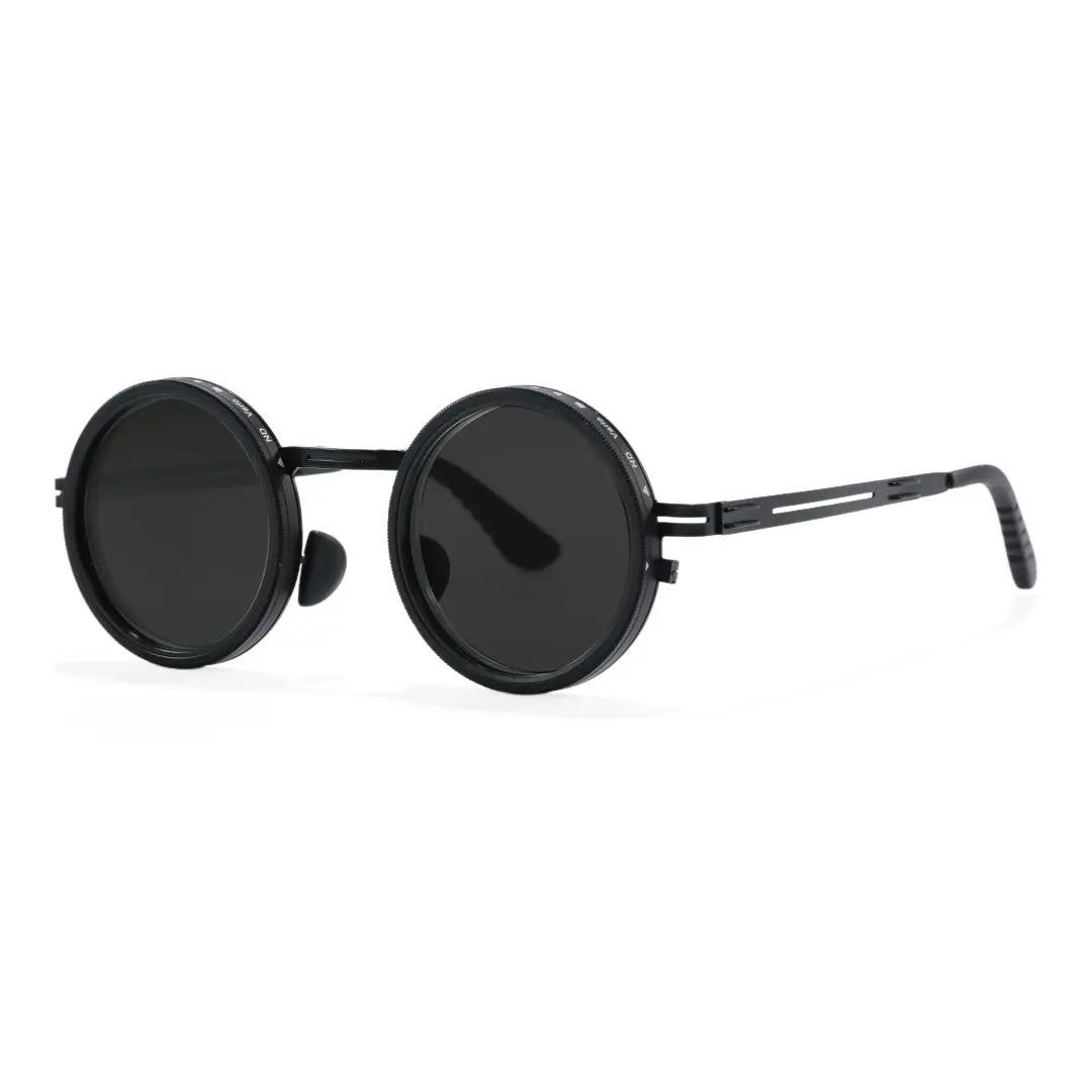 Angle view of Covey steampunk round metal sunglasses RM0292604 in black