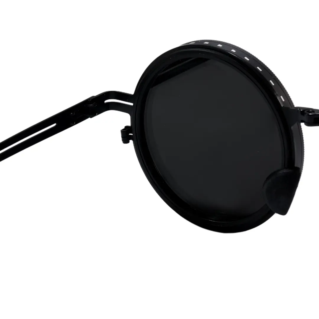 Hinge detail of Covey steampunk round metal sunglasses in black. SPU: RM0292604