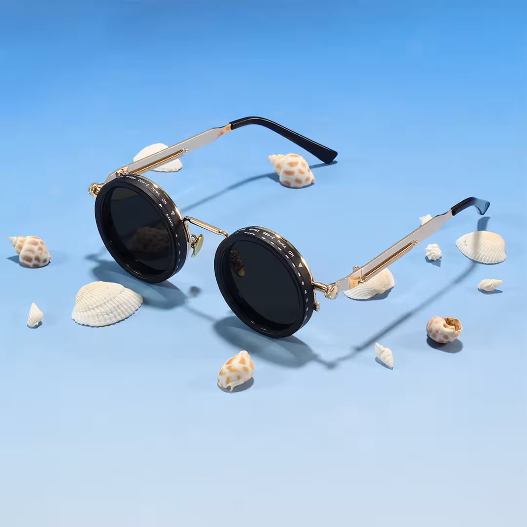 Scene view of Orinr round metal sunglasses in gold. SPU: RM0312605