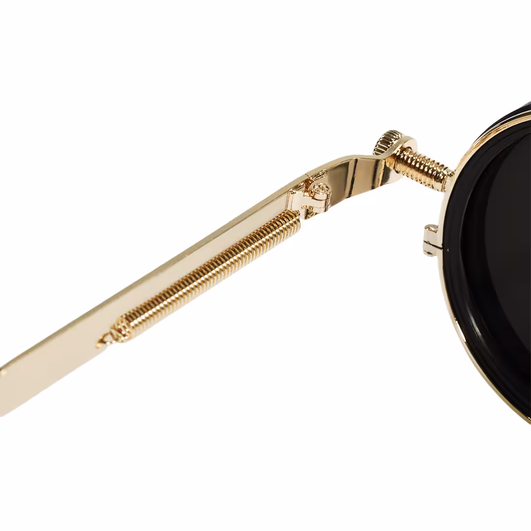 Spring hinge detail of Orinr round metal sunglasses in gold. SPU: RM0312605
