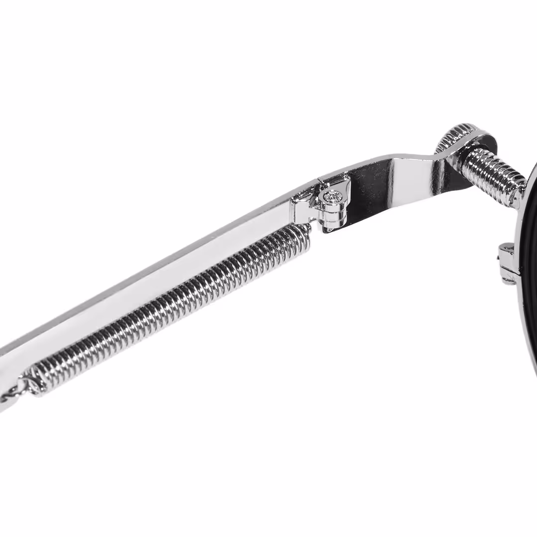 Spring hinge detail of Orinr round metal sunglasses in silver. SPU: RM0312605