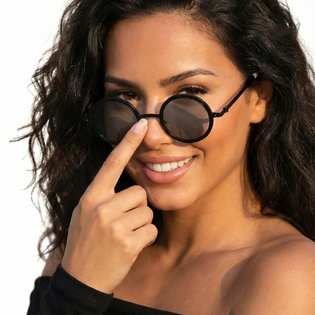 Front view of female wearing black round ND filter sunglasses, glasses lowered, smiling, RM0322507
