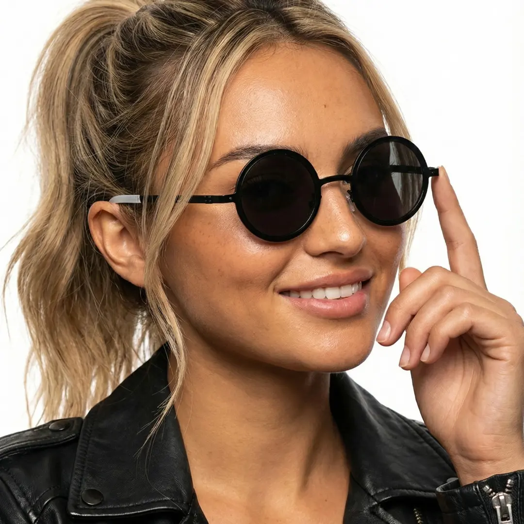 Front view of female wearing black round ND filter sunglasses, touching frame, natural smile, RM0322507