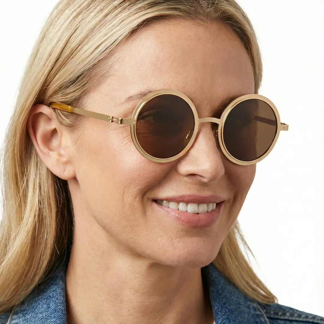 Profile view of female wearing gold round ND filter sunglasses, smiling, RM0322507