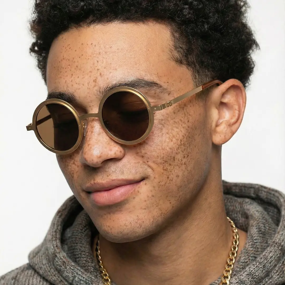 Three-quarter view of male wearing steampunk gold round sunglasses, natural smile, RM0322507