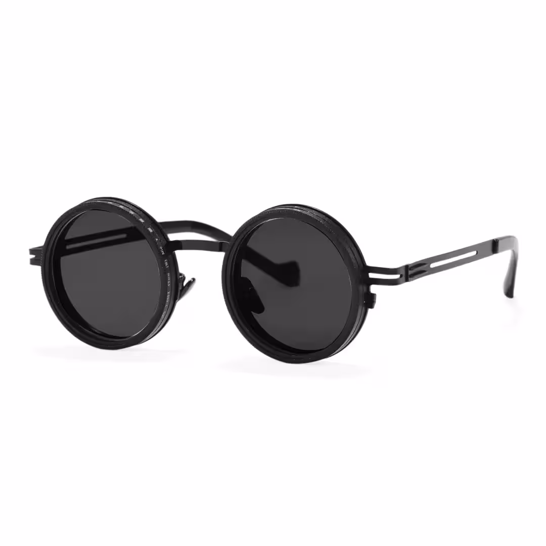 Angle view of Caelon steampunk round metal sunglasses RM0352507 in black