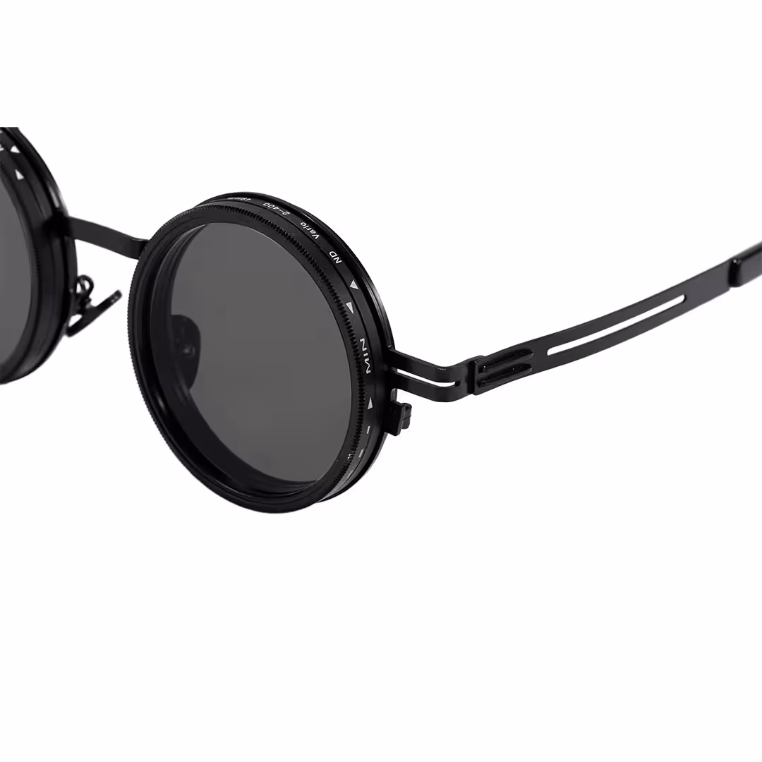 End piece detail of Caelon steampunk round metal sunglasses RM0352507 in black