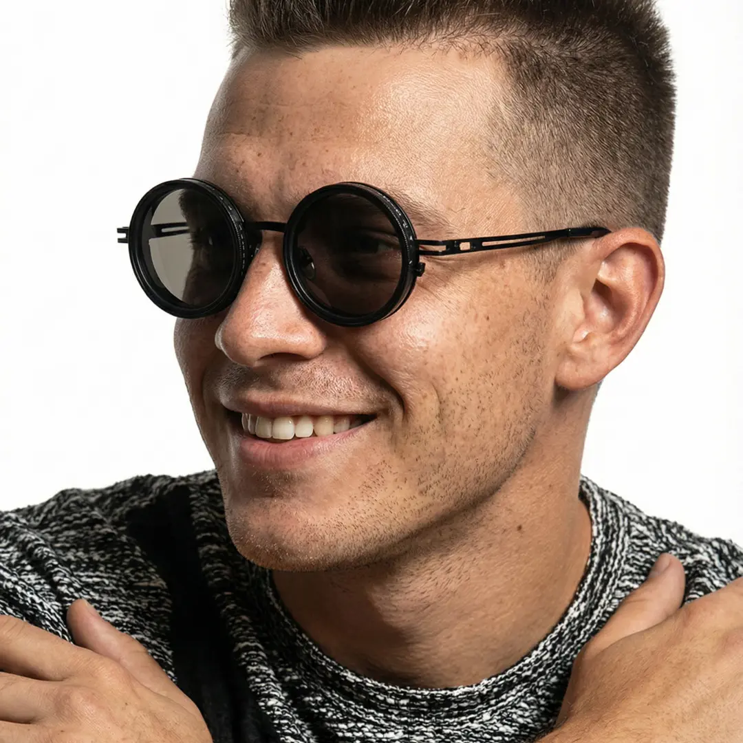 Looking away view of male wearing steampunk black round sunglasses, hand touching shoulder, natural smile, RM0352507