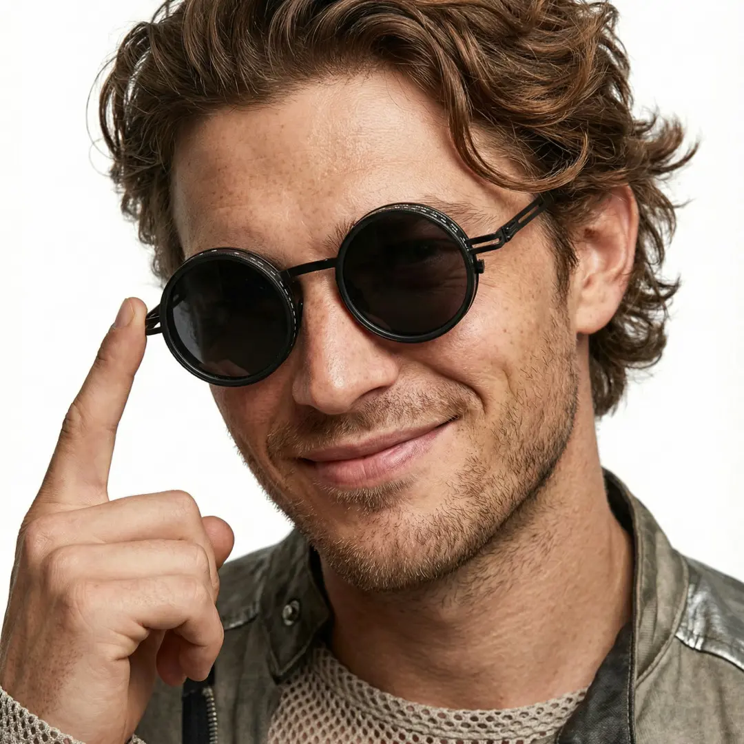 Three-quarter view of male wearing steampunk black round sunglasses, finger touching sunglasses, natural smile, RM0352507