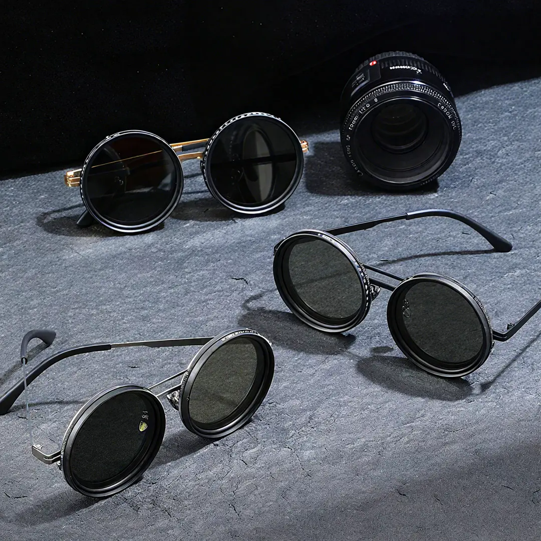 Scene view of Caelon steampunk round metal sunglasses RM0352507 in black