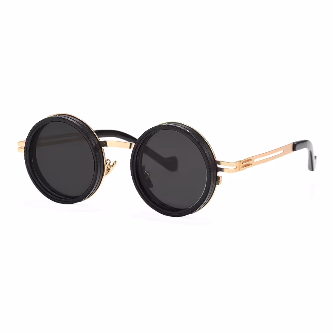 Angle view of Caelon steampunk round metal sunglasses RM0352507 in gold