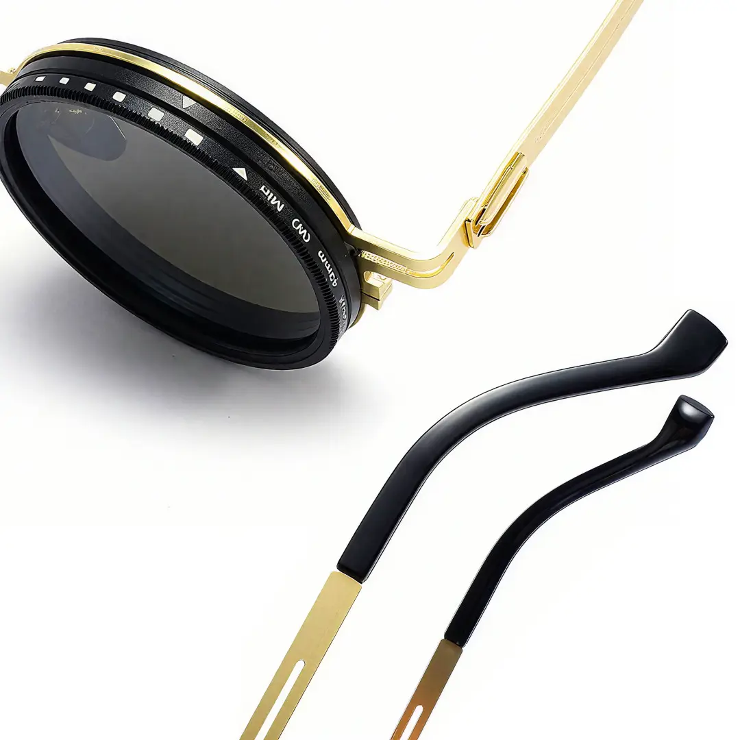 End piece detail of Caelon steampunk round metal sunglasses RM0352507 in gold