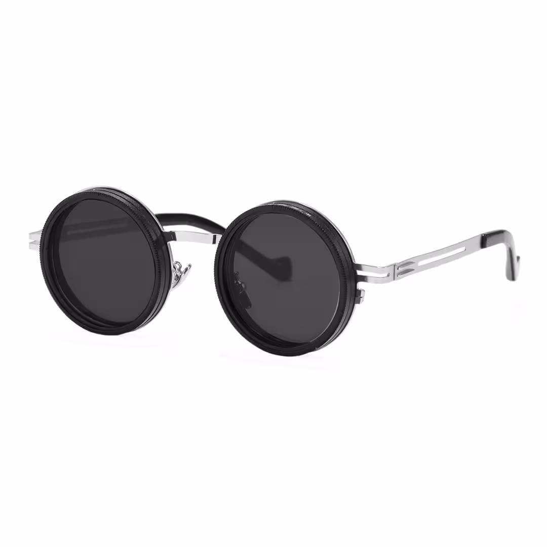 Angle view of Caelon steampunk round metal sunglasses RM0352507 in silver