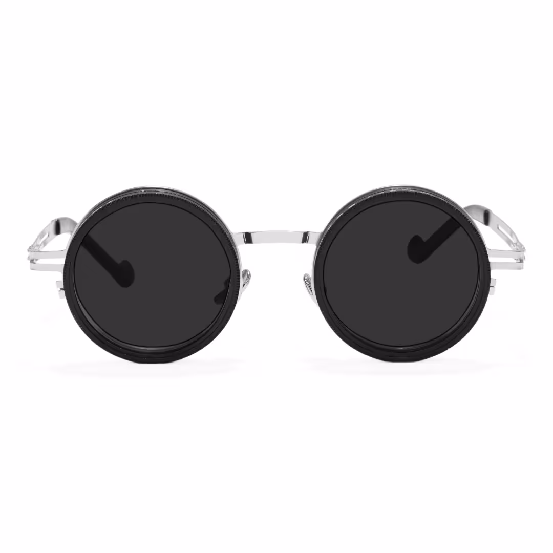 Front view of Caelon steampunk round metal sunglasses RM0352507 in silver