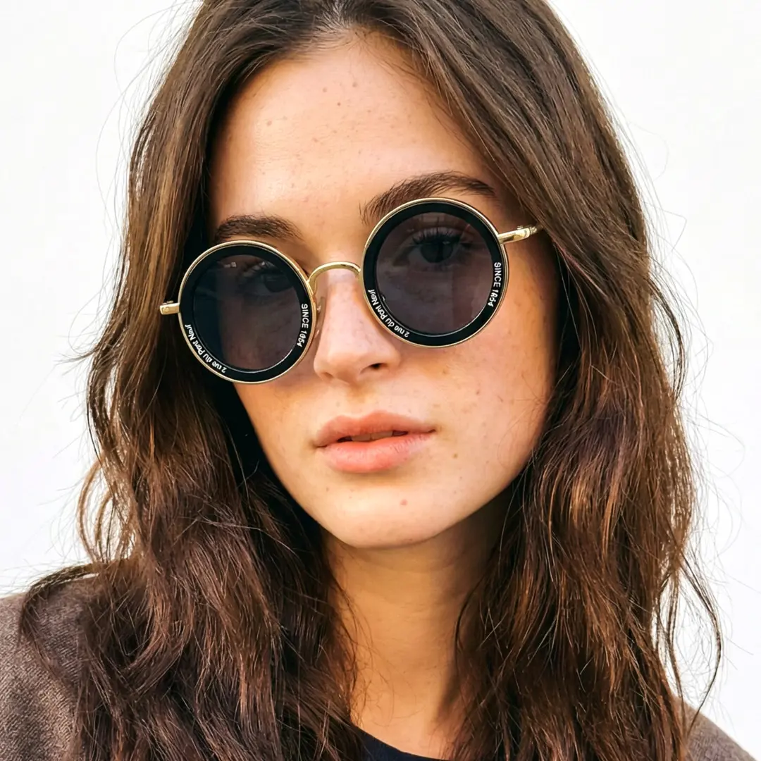Slightly angled view of female wearing gold round sunglasses, neutral expression, RM0362504