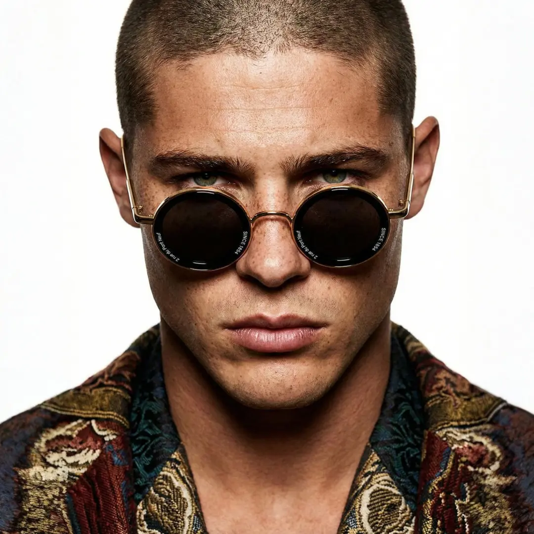 Front view of male wearing vintage gold round sunglasses, calm expression, RM0362504