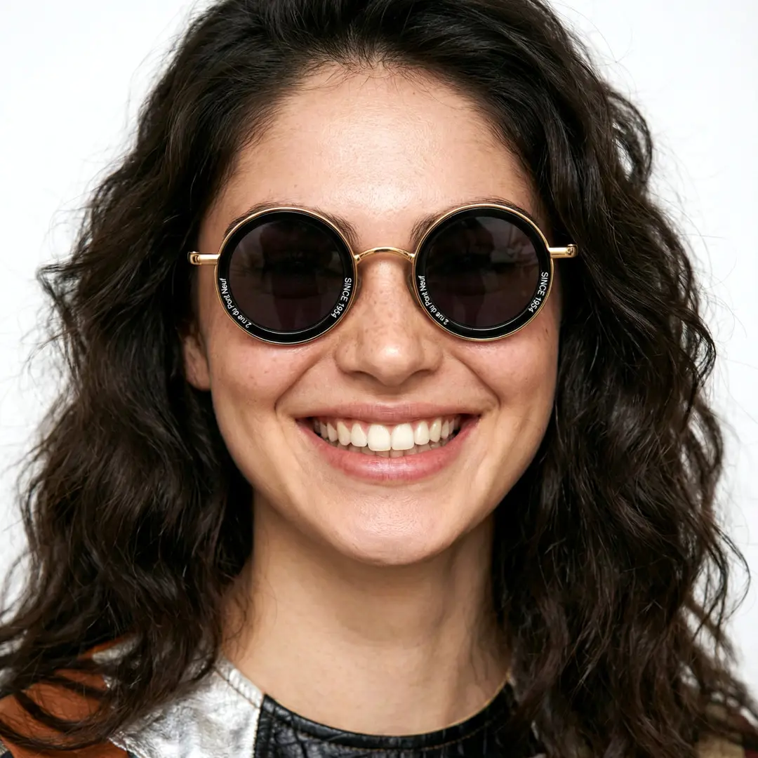 Front view of female wearing vintage gold round sunglasses, smiling, RM0362504