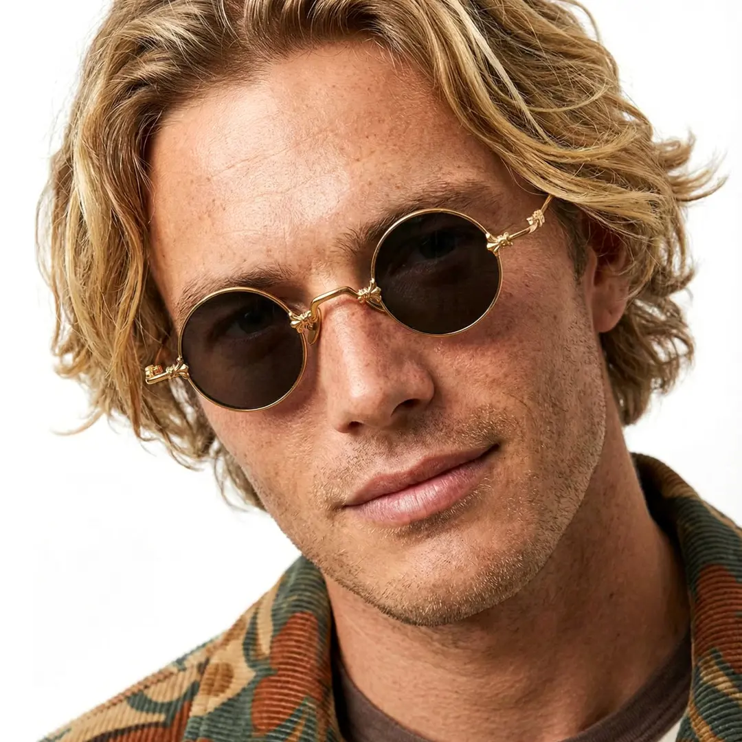 Tilted head view of male wearing gold round sunglasses, neutral expression, RM0362505