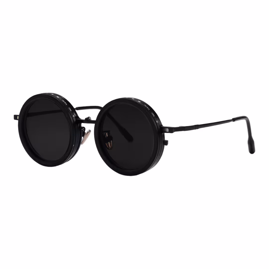 Angle view of Aeris steampunk round metal magnetic clip-on eyeglasses set with interchangeable clip-on lenses in black. SPU: RM0382507