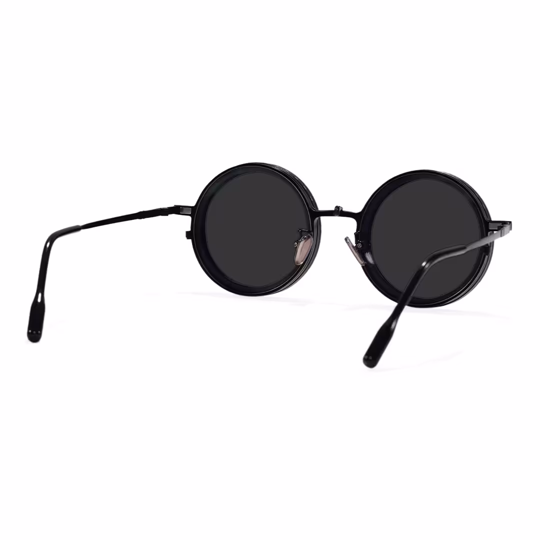 Back view of Aeris steampunk round metal magnetic clip-on eyeglasses set with interchangeable clip-on lenses in black. SPU: RM0382507