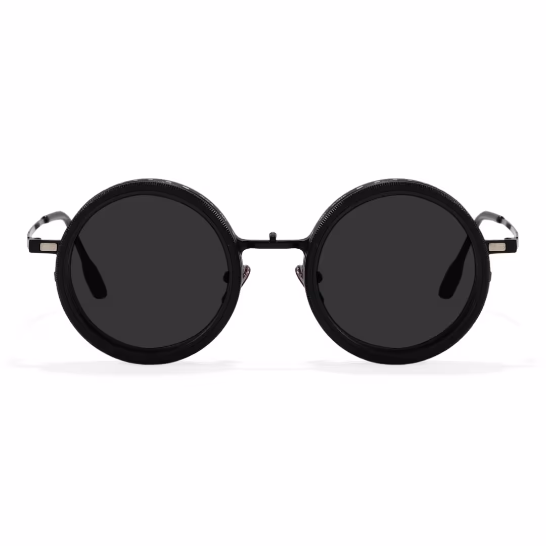 Front view of Aeris steampunk round metal magnetic clip-on eyeglasses set with interchangeable clip-on lenses in black. SPU: RM0382507