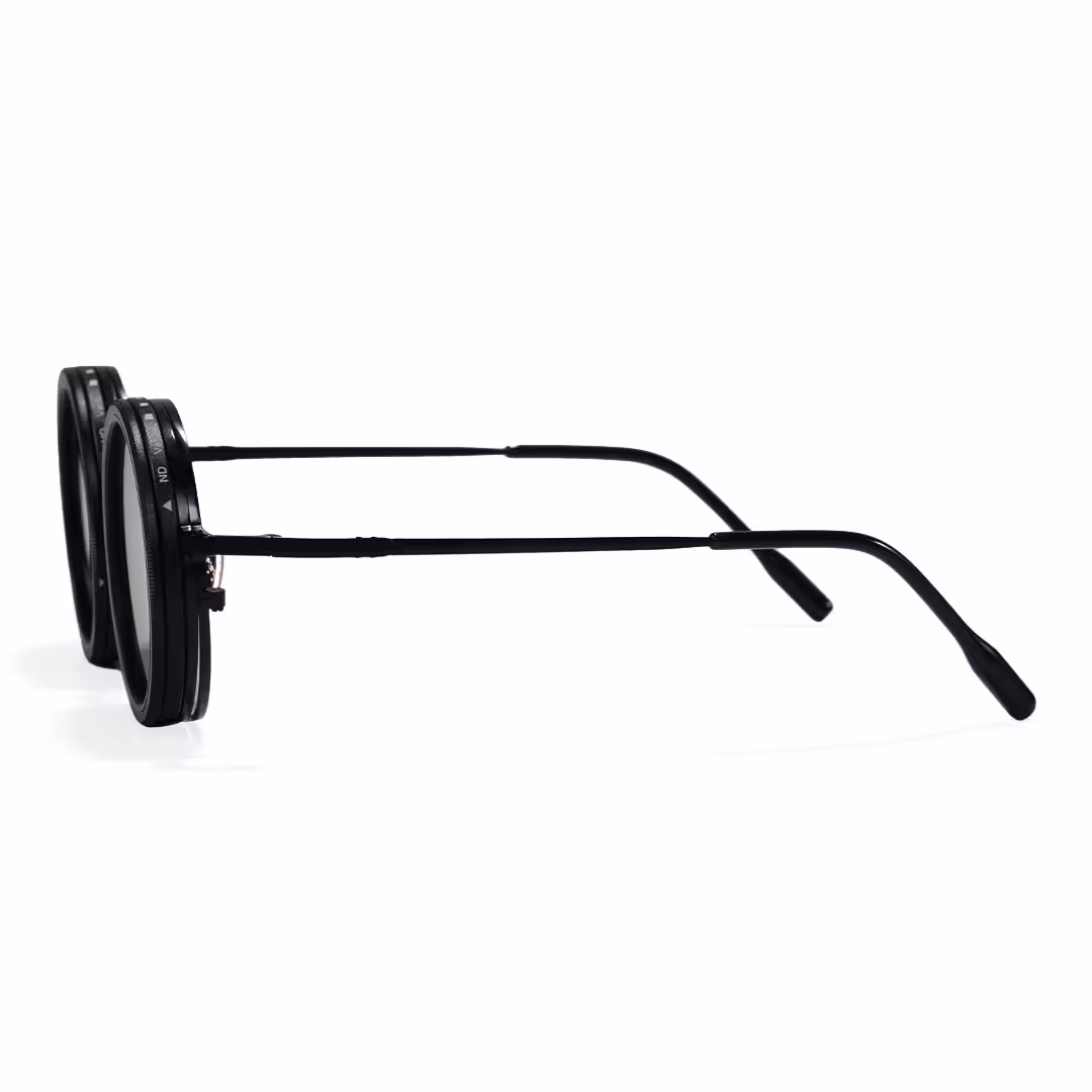 Side view of Aeris steampunk round metal magnetic clip-on eyeglasses set with interchangeable clip-on lenses in black. SPU: RM0382507