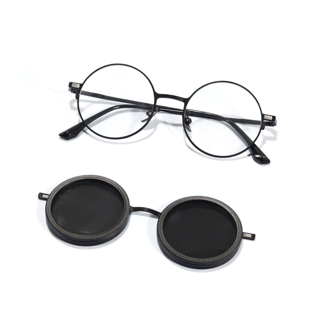 Exploded-view of Aeris steampunk round metal magnetic clip-on sunglasses set with interchangeable clip-on lenses RM0382507 in black