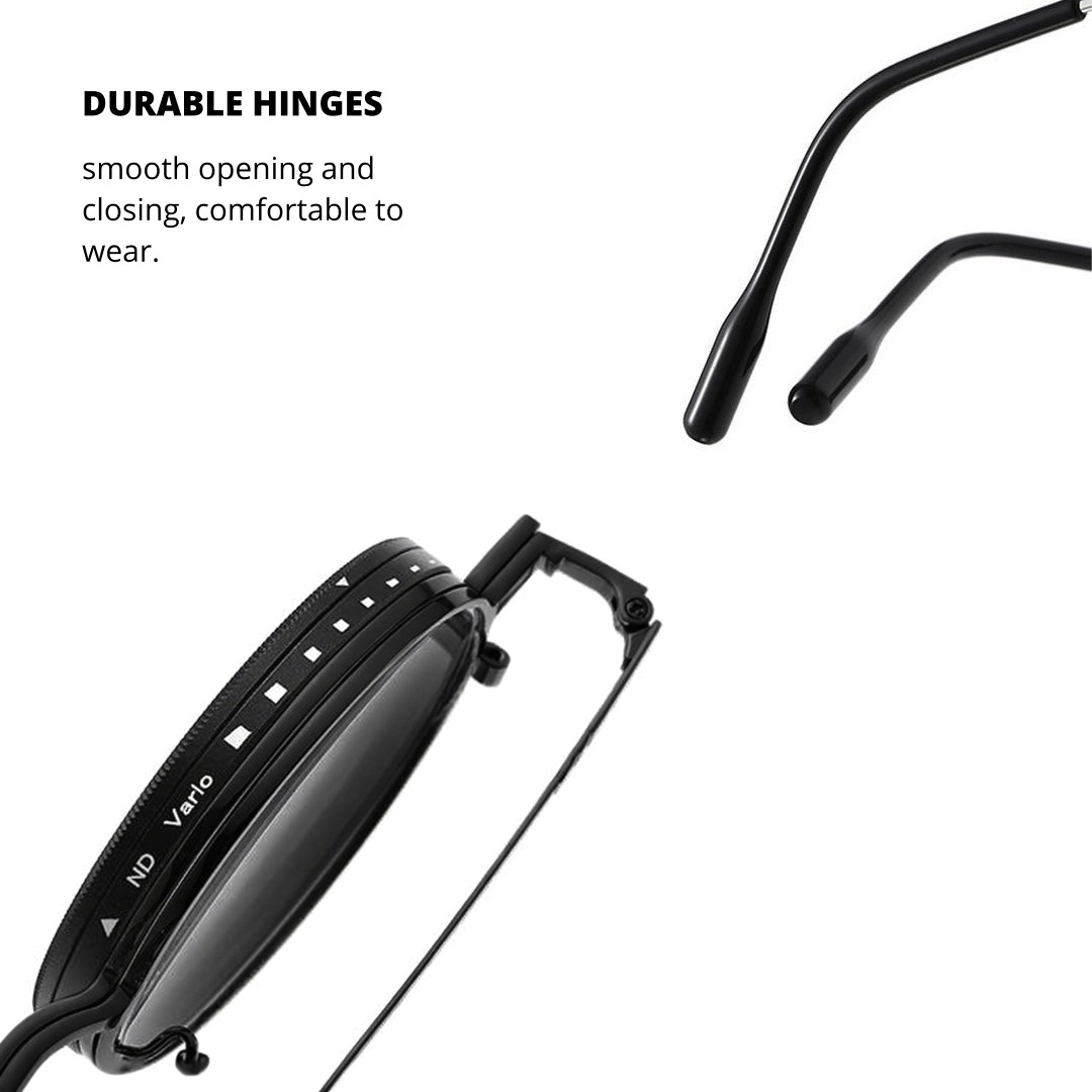 Frame detail view of Aeris steampunk round metal magnetic clip-on sunglasses set with interchangeable clip-on lenses RM0382507 in black