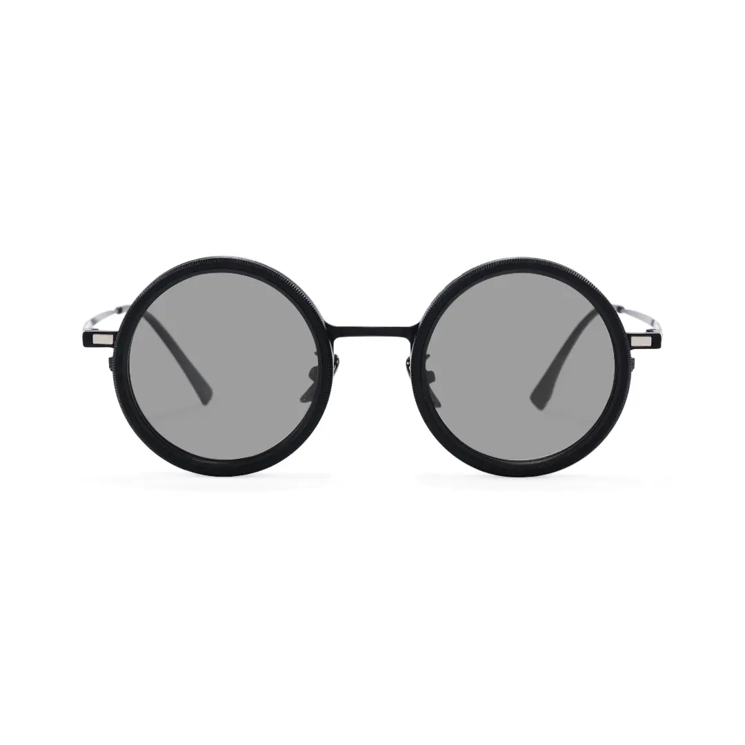 Front-view of Aeris steampunk round metal magnetic clip-on sunglasses set with interchangeable clip-on lenses RM0382507 in black