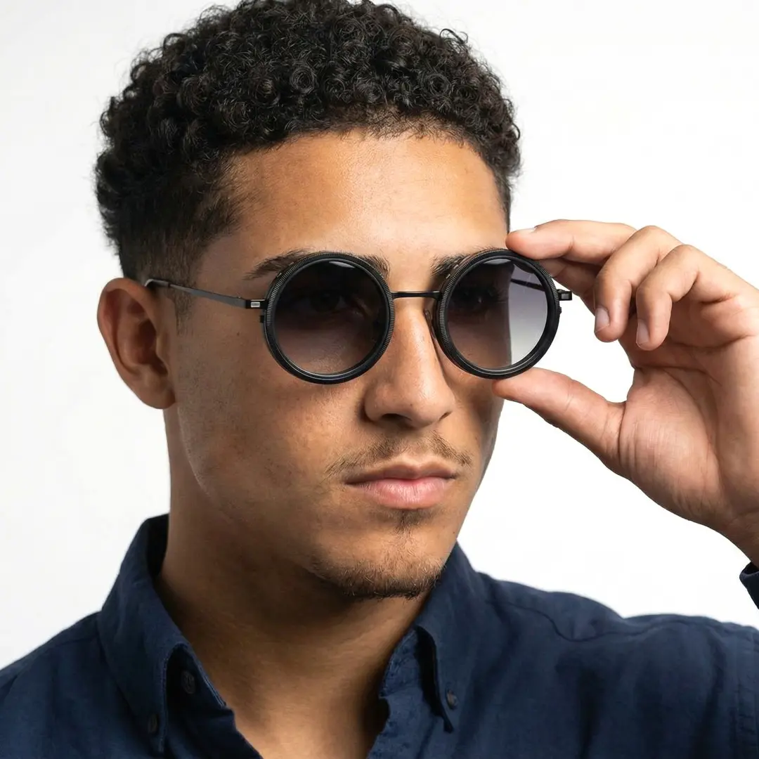 Slightly angled view of male wearing steampunk black round magnetic clip-on sunglasses set with interchangeable clip-on lenses, touching frame, relaxed expression, RM0382507